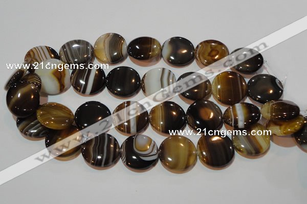 CAG3506 15.5 inches 25mm flat round brown line agate beads