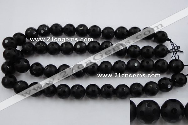 CAG3675 15.5 inches 16mm carved round matte black agate beads