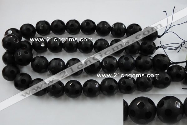 CAG3677 15.5 inches 20mm carved round matte black agate beads