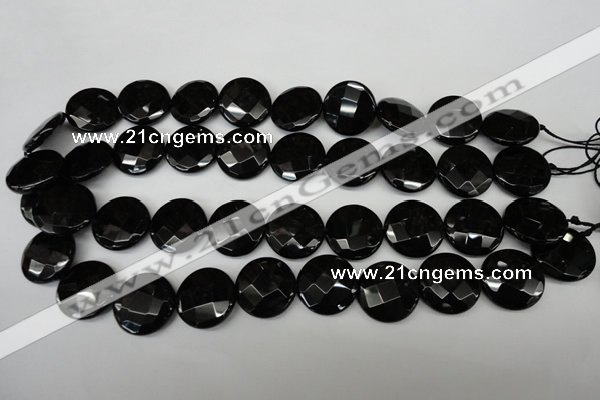 CAG4023 15.5 inches 20mm faceted coin black agate beads