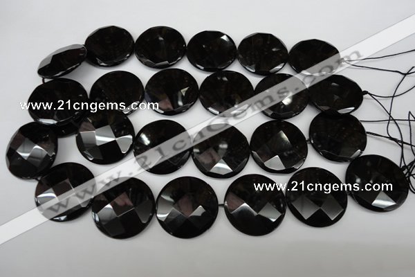 CAG4025 15.5 inches 30mm faceted coin black agate beads