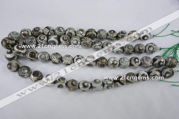 CAG4720 15 inches 14mm faceted round tibetan agate beads wholesale