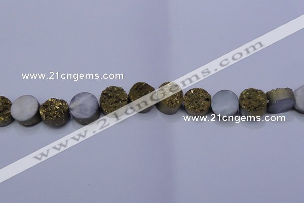 CAG7931 7.5 inches 12mm flat round plated white druzy agate beads