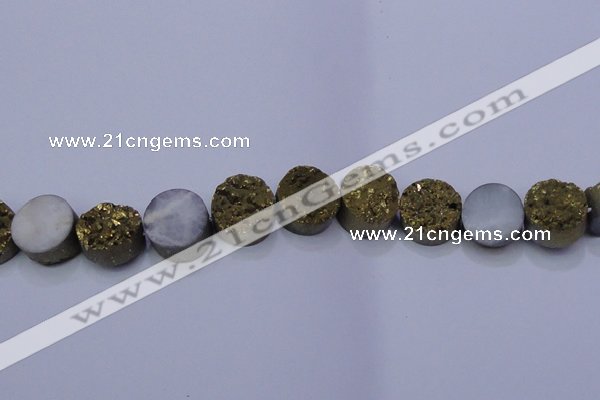 CAG7932 7.5 inches 14mm flat round plated white druzy agate beads