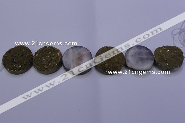 CAG7940 7.5 inches 30mm flat round plated white druzy agate beads