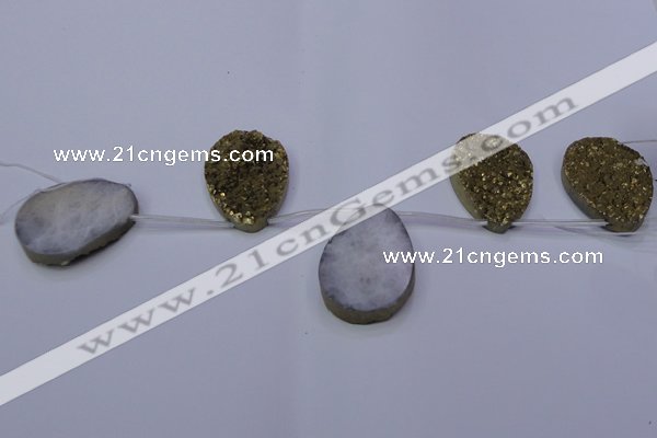 CAG7990 Top drilled 30*40mm flat teardrop plated white druzy agate beads