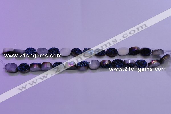 CAG8156 7.5 inches 10*14mm oval blue plated druzy agate beads