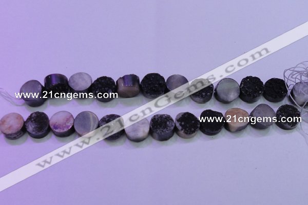 CAG8377 7.5 inches 18mm coin black plated druzy agate beads