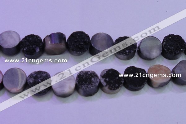 CAG8407 7.5 inches 30mm coin black plated druzy agate beads