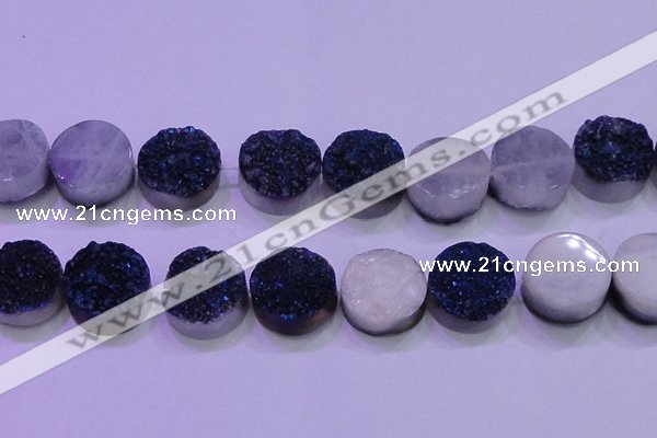 CAG8416 7.5 inches 35mm coin blue plated druzy agate beads