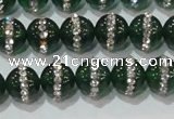 CAG8620 15.5 inches 8mm round green agate with rhinestone beads