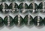 CAG8621 15.5 inches 10mm round green agate with rhinestone beads