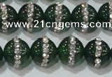 CAG8623 15.5 inches 14mm round green agate with rhinestone beads