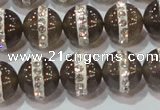 CAG8628 15.5 inches 14mm round grey agate with rhinestone beads