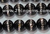 CAG8630 15.5 inches 8mm round black agate with rhinestone beads