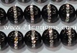 CAG8631 15.5 inches 10mm round black agate with rhinestone beads