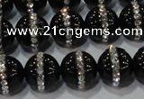 CAG8632 15.5 inches 12mm round black agate with rhinestone beads