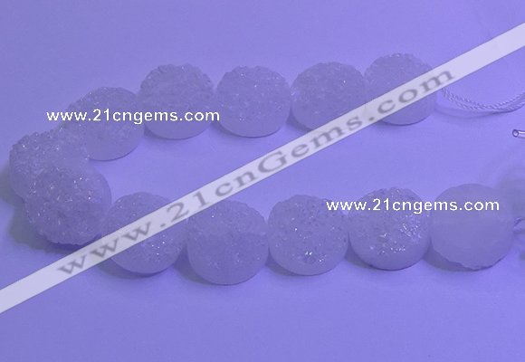 CAG9434 7.5 inches 25mm coin white plated druzy agate beads