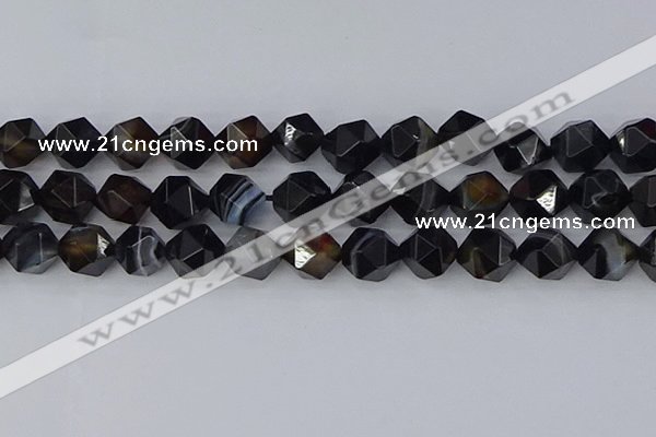 CAG9984 15.5 inches 12mm faceted nuggets black line agate beads