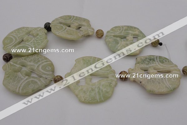 CAL28 14.5 inches 54*56mm carved fish agalmatolite beads