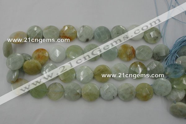 CAQ371 15.5 inches 20mm faceted coin natural aquamarine beads