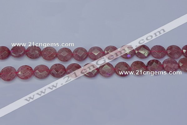 CBQ460 15.5 inches 12mm faceted coin strawberry quartz beads