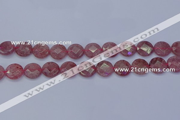 CBQ461 15.5 inches 14mm faceted coin strawberry quartz beads