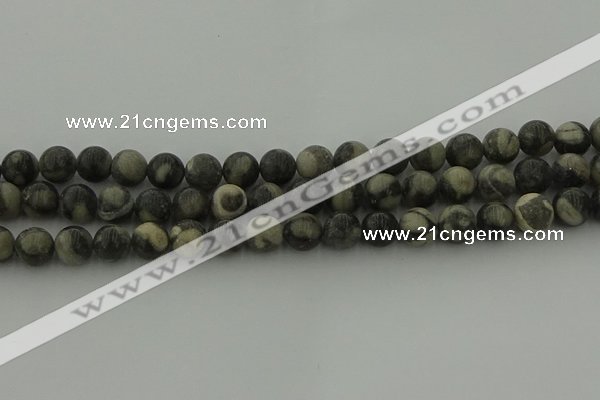 CBW163 15.5 inches 10mm round matte black fossil jasper beads