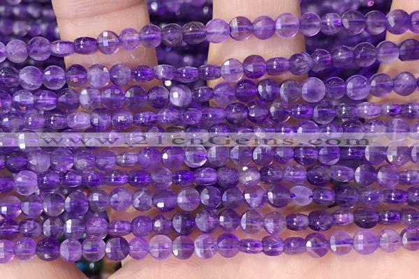 CCB1045 15 inches 4mm faceted coin amethyst beads