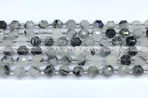 CCB1500 15 inches 7mm - 8mm faceted black rutilated quartz beads