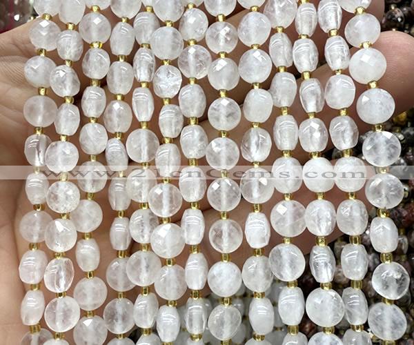CCB1700 15 inches 6mm faceted coin Angolan white quartz beads