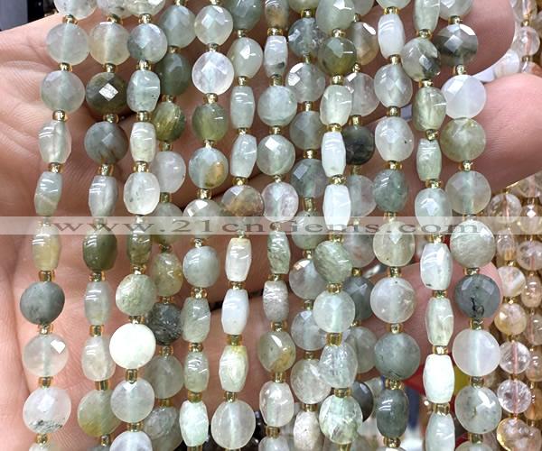 CCB1717 15 inches 6mm faceted coin green rutilated quartz beads