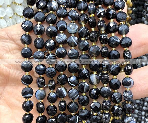 CCB1736 15 inches 6mm faceted coin black banded agate beads