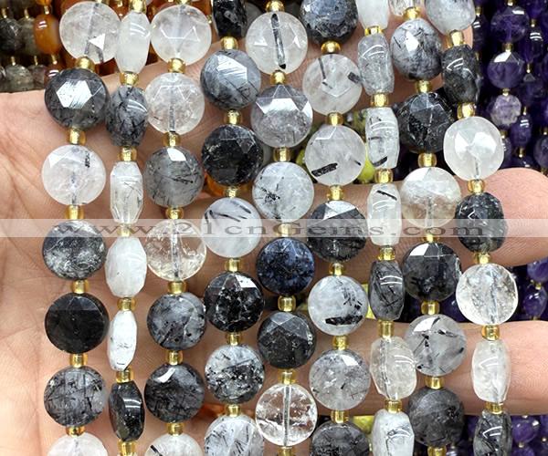 CCB2090 15 inches 10mm faceted coin black rutilated quartz beads
