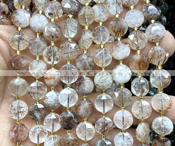 CCB2092 15 inches 10mm faceted coin black gold rutilated quartz beads