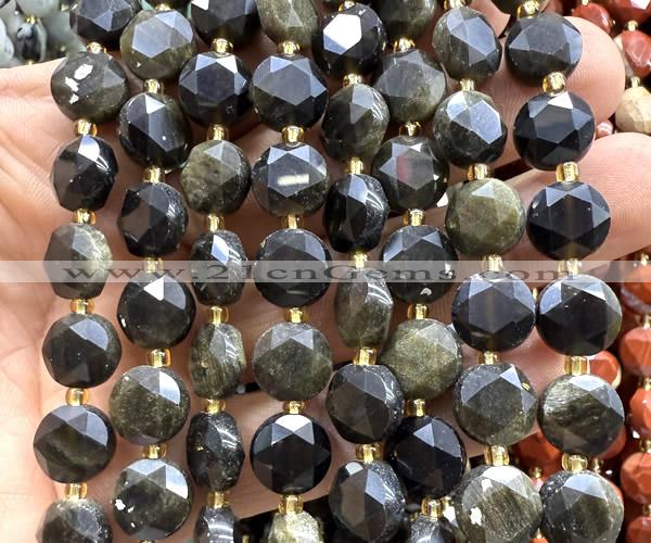 CCB2194 15 inches 10mm faceted coin golden obsidian beads