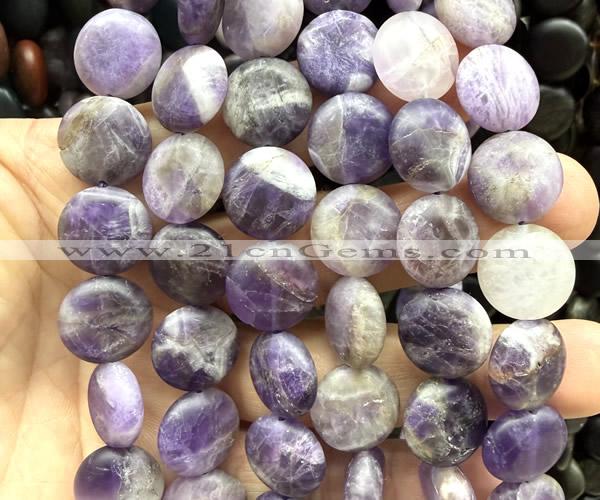 CCB2252 15 inches 15mm flat round matte dogtooth amethyst beads