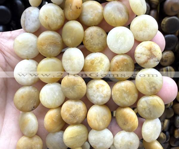 CCB2255 15 inches 15mm flat round matte yellow aventurine jade beads