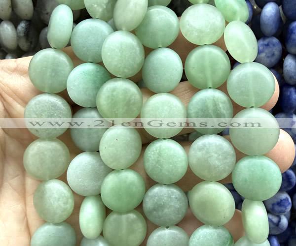 CCB2257 15 inches 15mm flat round matte green aventurine jade beads