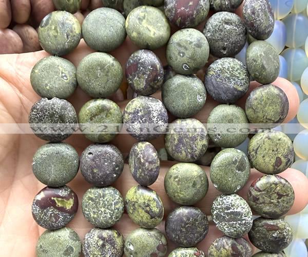 CCB2260 15 inches 15mm flat round matte dragon blood jasper beads