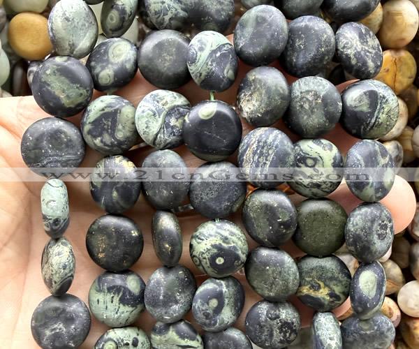 CCB2261 15 inches 15mm flat round matte kambaba jasper beads