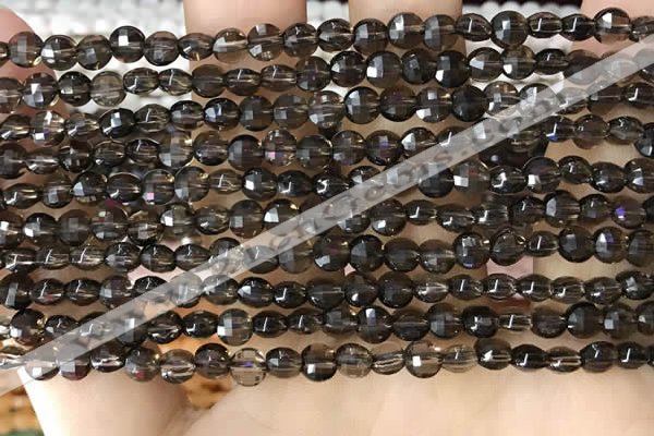 CCB534 15.5 inches 4mm faceted coin smoky quartz beads