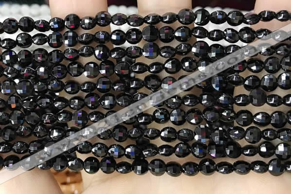 CCB549 15.5 inches 4mm faceted coin black tourmaline beads