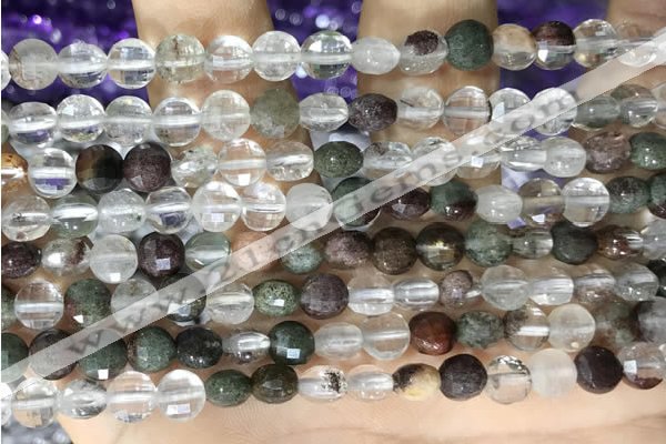 CCB604 15.5 inches 6mm faceted coin green phantom quartz beads