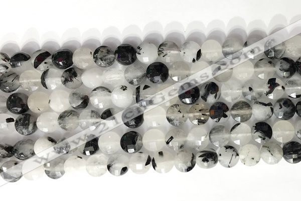 CCB758 15.5 inches 8mm faceted coin black rutilated quartz beads