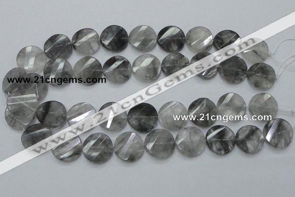 CCQ143 15.5 inches 20mm faceted & twisted coin cloudy quartz beads