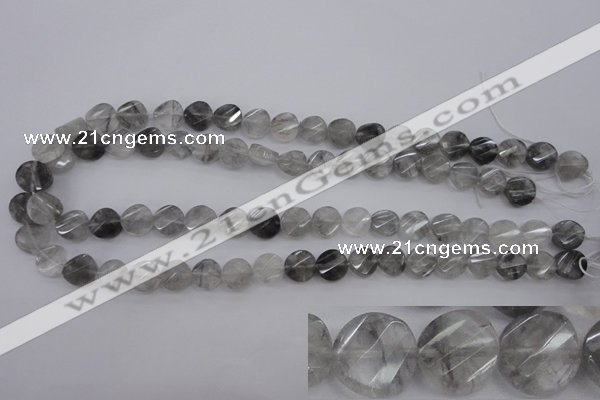 CCQ271 15.5 inches 10mm faceted & twisted coin cloudy quartz beads