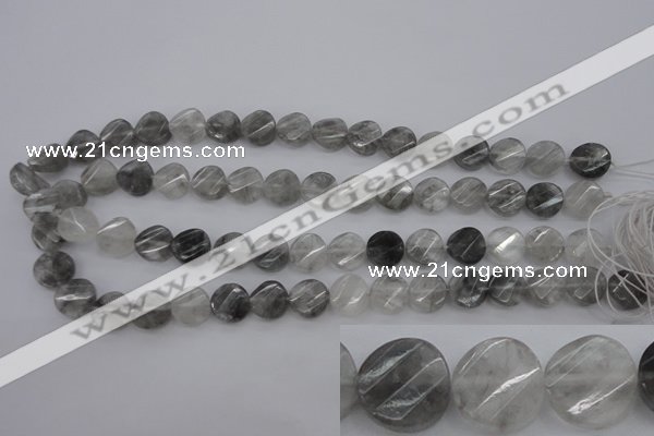 CCQ272 15.5 inches 12mm faceted & twisted coin cloudy quartz beads