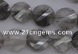 CCQ273 15.5 inches 15mm faceted & twisted coin cloudy quartz beads