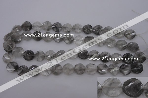 CCQ273 15.5 inches 15mm faceted & twisted coin cloudy quartz beads